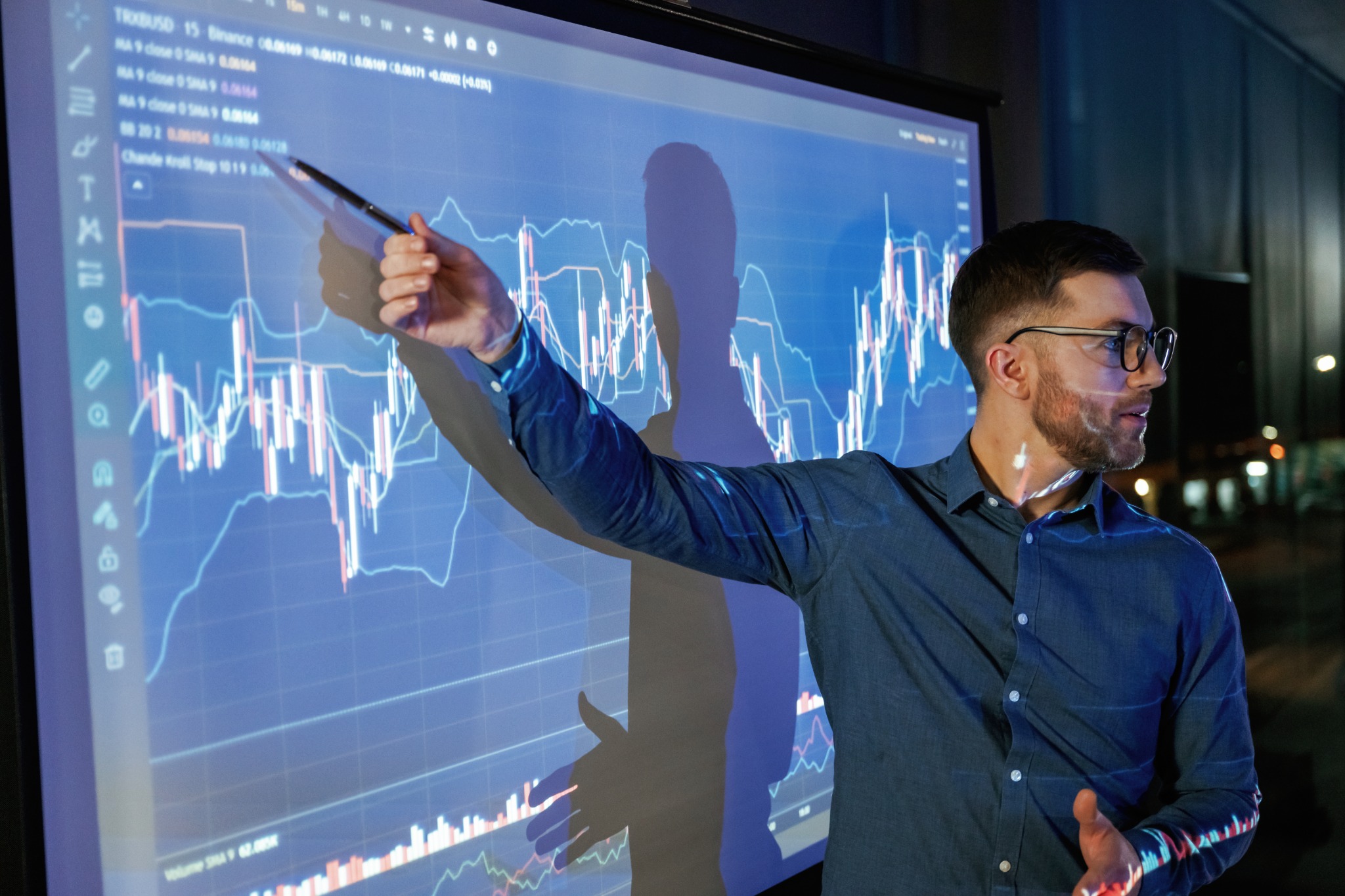 Instructor explaining analytics on a projected trading chart