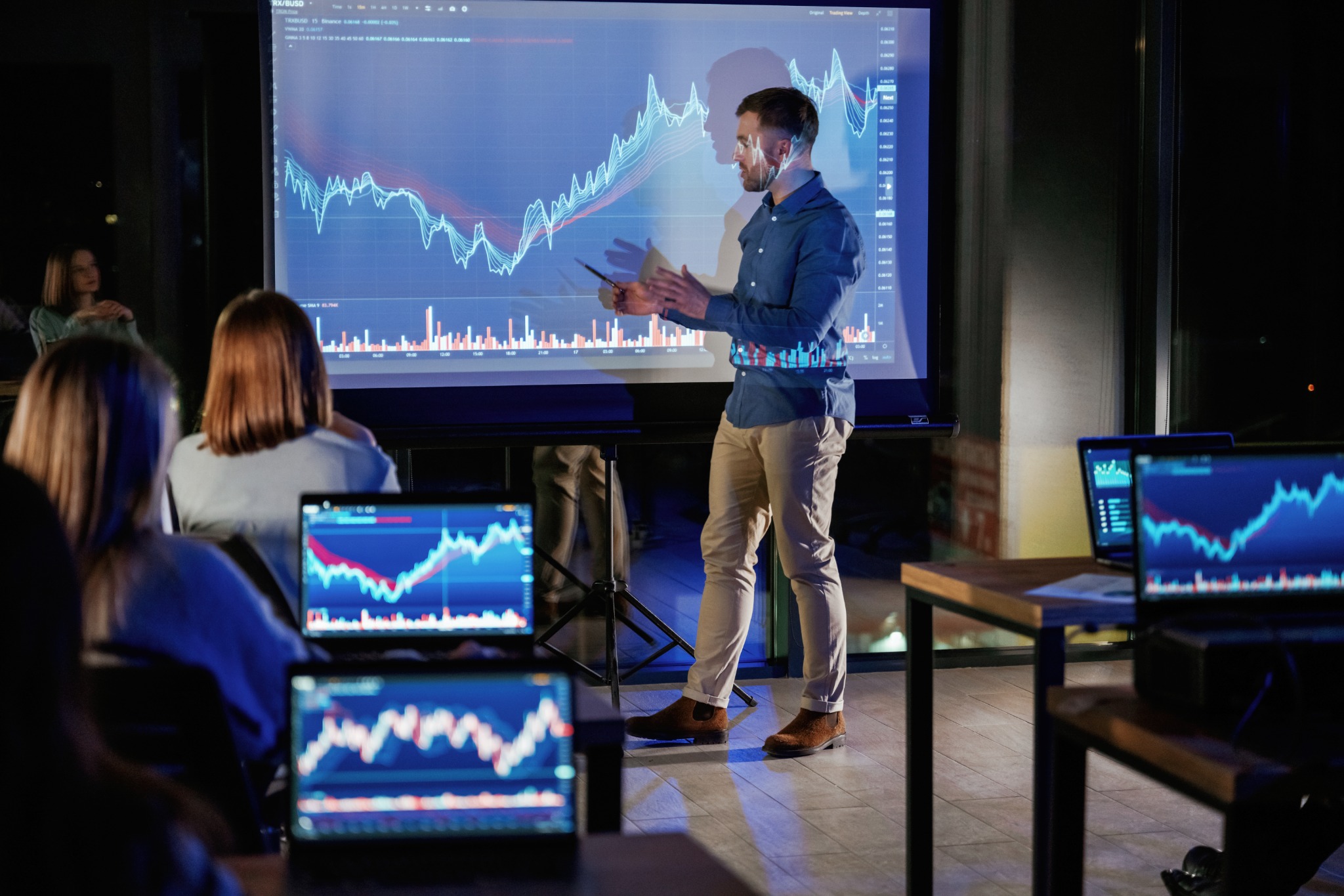 Instructor presenting market charts to a small classroom